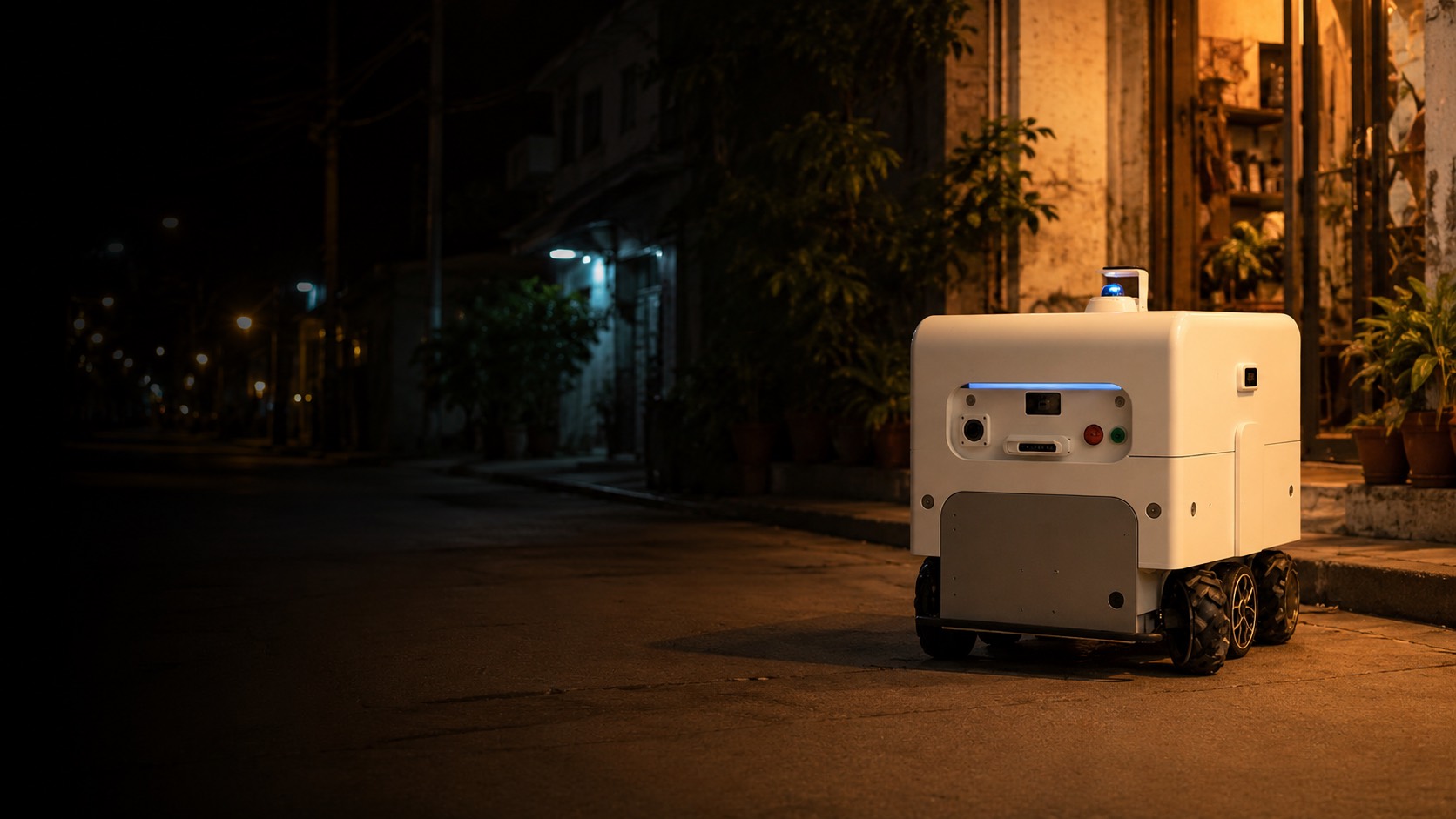 A MongBot robot at rest on a quiet Bangkok street at night, warm light from a shopfront falling across it