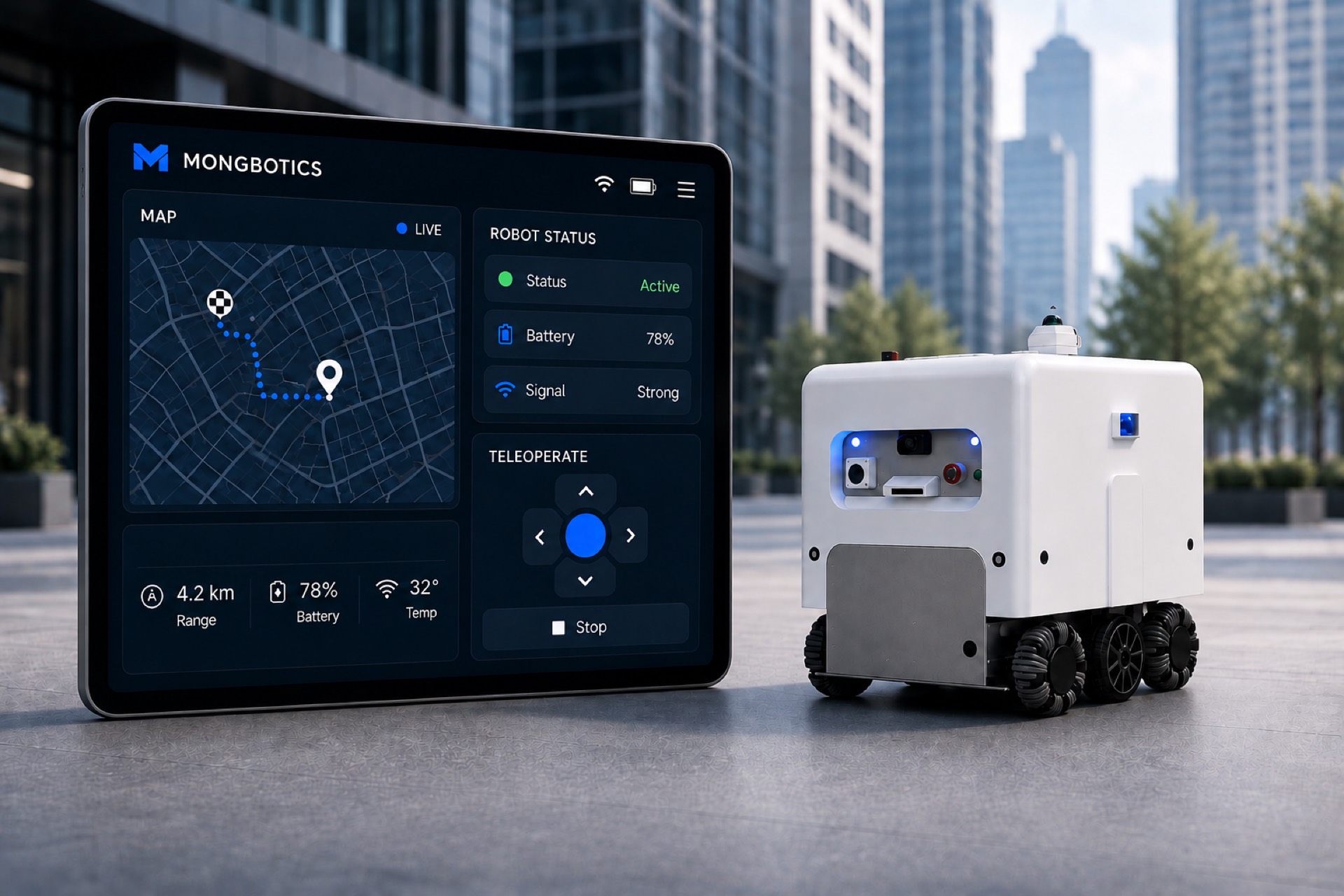 The MongCore control application beside a MongBot robot