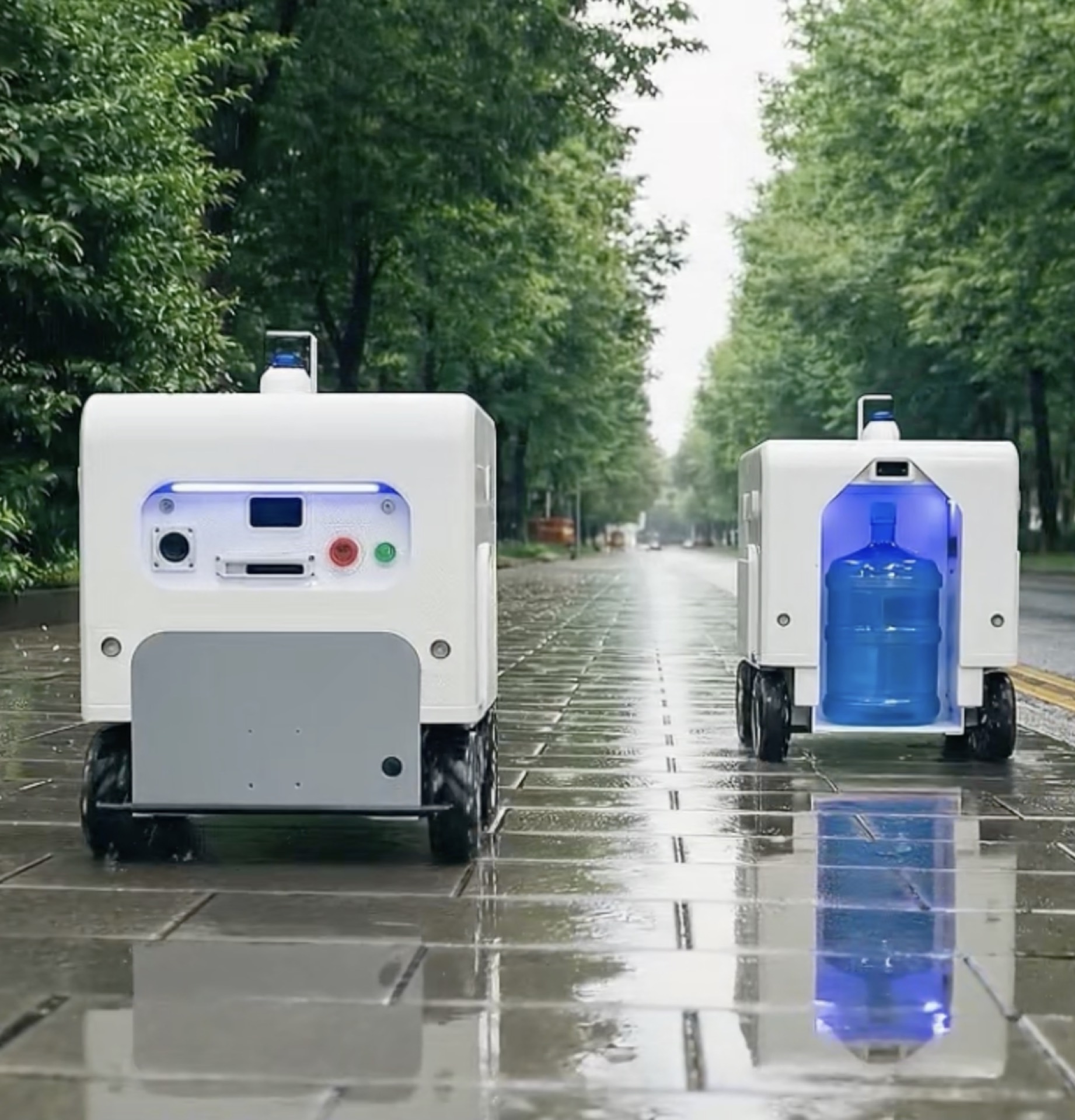 Two MongBot robots passing each other on a tree-lined street