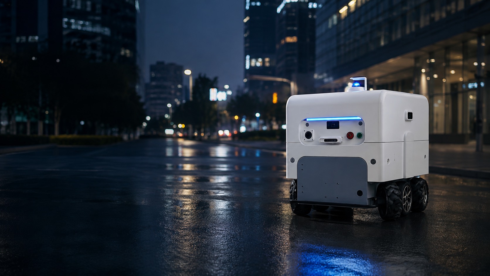 A MongBot robot on a wet city street at night, city lights reflected on the road