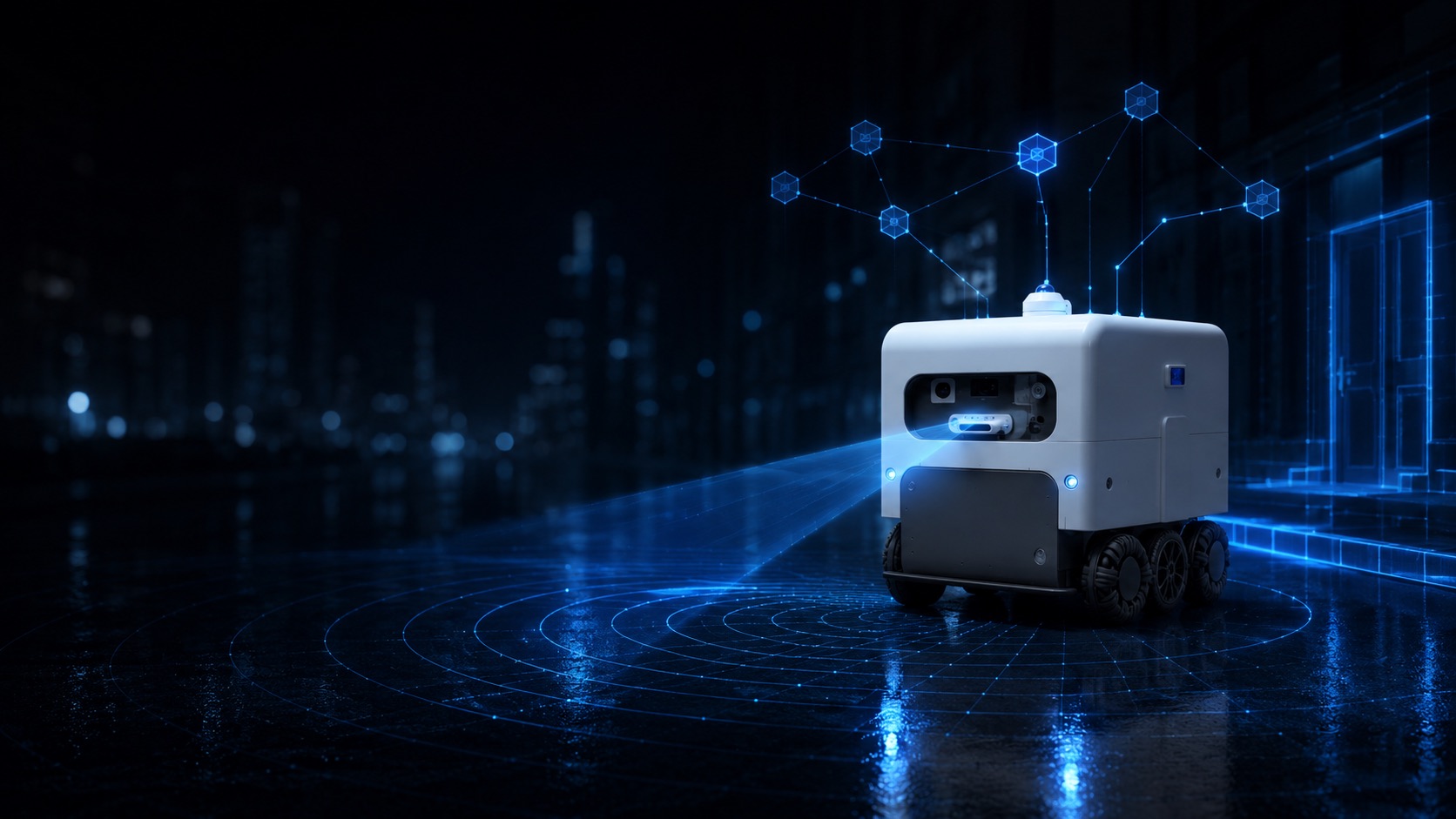 A MongBot robot at night, its LiDAR scan, depth camera and on-chain network links visualised around it